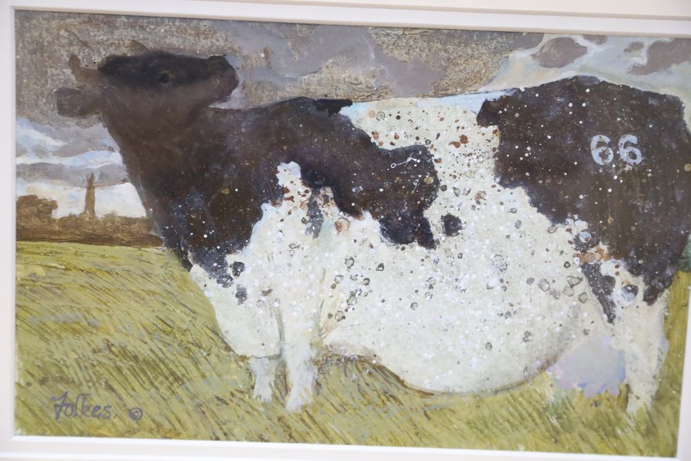 Peter L. Folkes VPRI, RA, acrylic on card, The Cow that didnt want to be 66, signed, 16 x 25cm